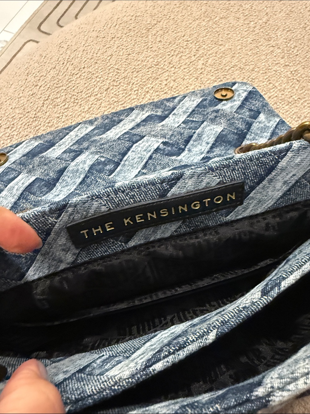 Kurt Geiger Blue Woven Denim Shoulder Bag with Gold Chain - Picture 2 of 5